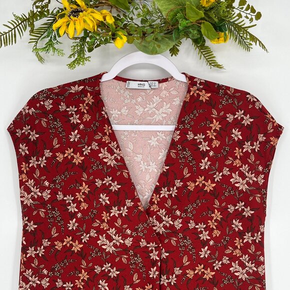 MNG Mango Red Floral V-Neck Mini Dress XS Boho Cottagecore Fall Chic Feminine - Picture 5 of 10